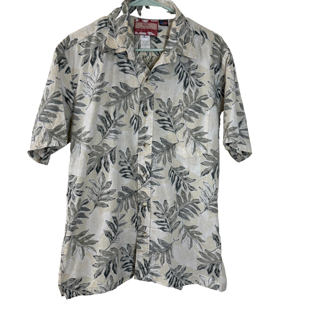 RJC Vintage Hawaiian Aloha Shirt Reverse-Print Tropical Leaf Pattern Men's Large